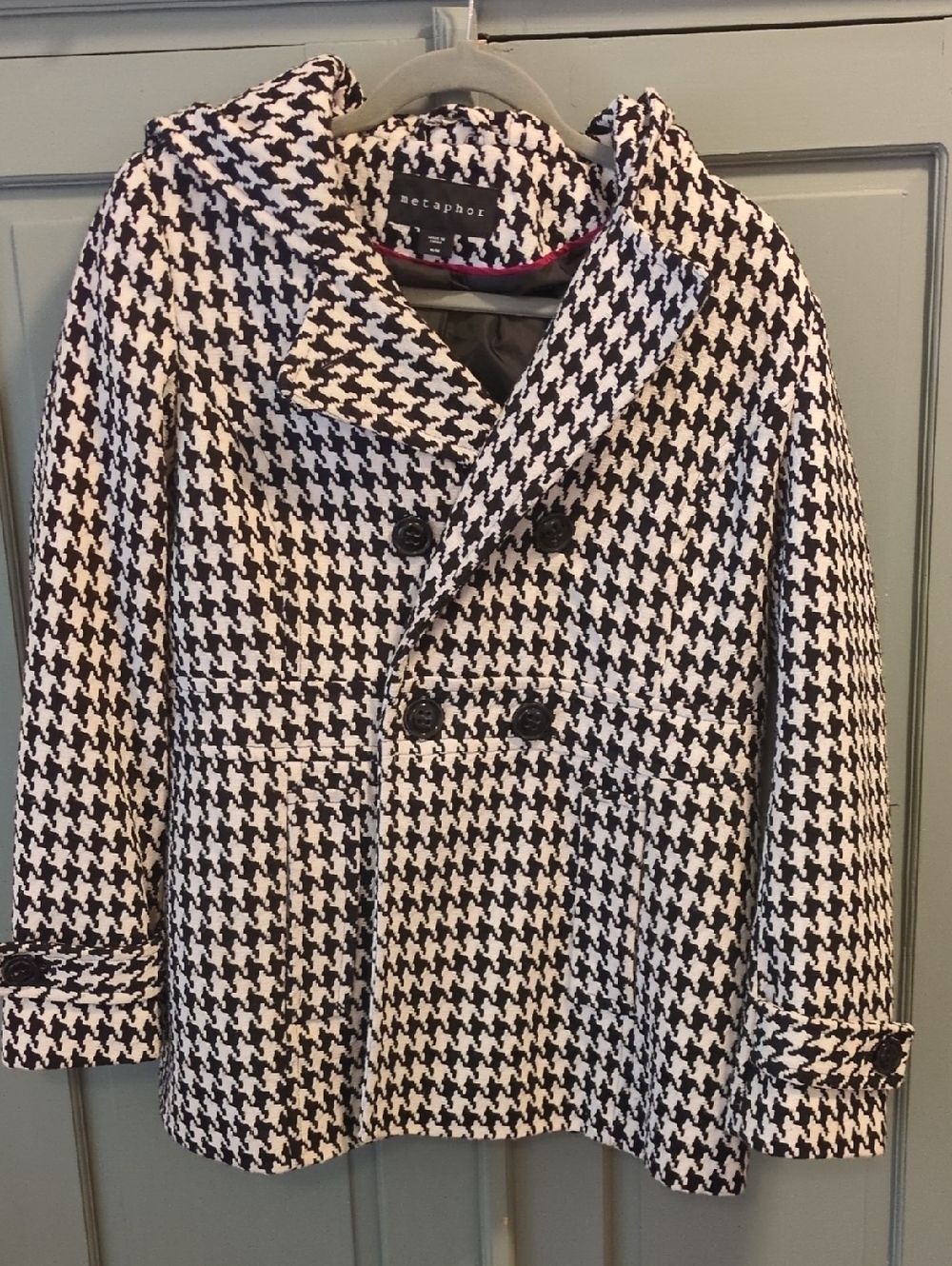 Metaphor Black & White Houndstooth Double-Breasted Peacoat
